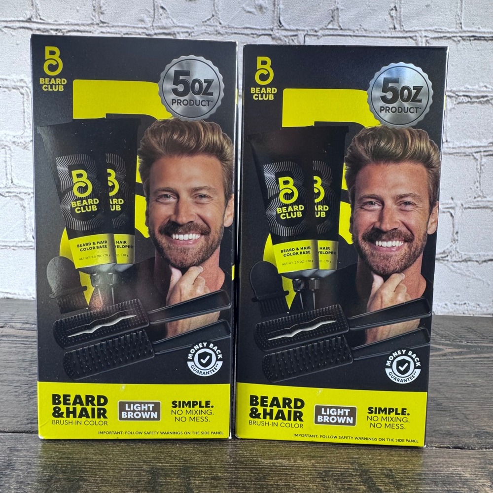 2 -Beard Club Brush-In Color Men 5oz Light Brown New Hair Beard Dye Kit Coverage